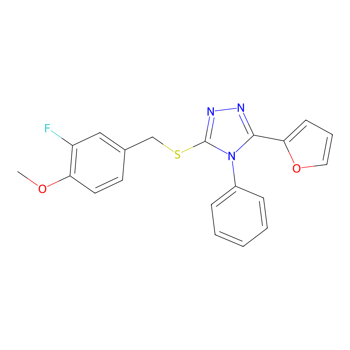 3-[(3-Fluoro-4-methoxyphenyl)methylsulfanyl]-5-(furan-2-yl)-4-phenyl-1,2,4-triazole molecular structure, CAS 423737-12-6