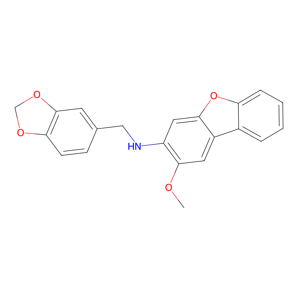 Benzo[1,3]dioxol-5-ylmethyl-(2-methoxy-dibenzofuran-3-yl)-amine molecular structure, CAS 423738-25-4