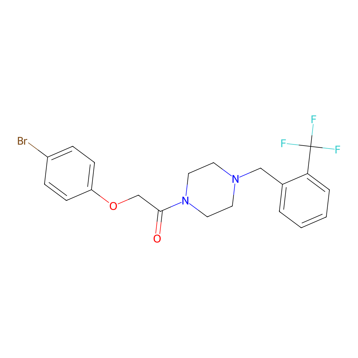 2-(4-Bromophenoxy)-1-[4-[[2-(trifluoromethyl)phenyl]methyl]piperazin-1-yl]ethanone molecular structure, CAS 423738-66-3