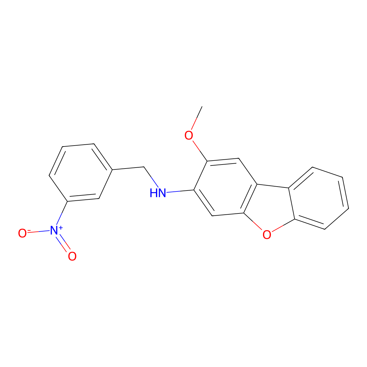 2-methoxy-N-[(3-nitrophenyl)methyl]dibenzofuran-3-amine molecular structure, CAS 423739-18-8