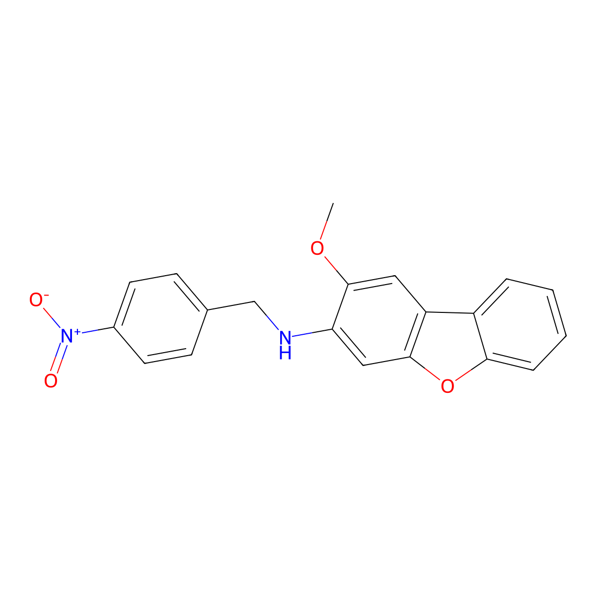 2-methoxy-N-[(4-nitrophenyl)methyl]dibenzofuran-3-amine molecular structure, CAS 423739-89-3