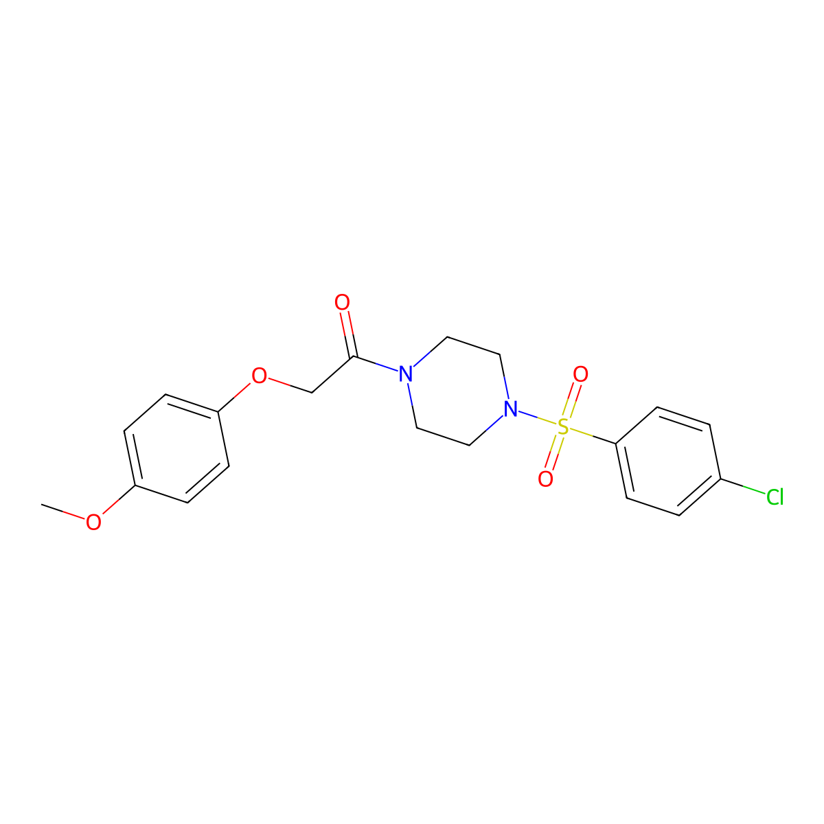 1-[4-(4-Chlorophenyl)sulfonylpiperazin-1-yl]-2-(4-methoxyphenoxy)ethanone molecular structure, CAS 423740-24-3