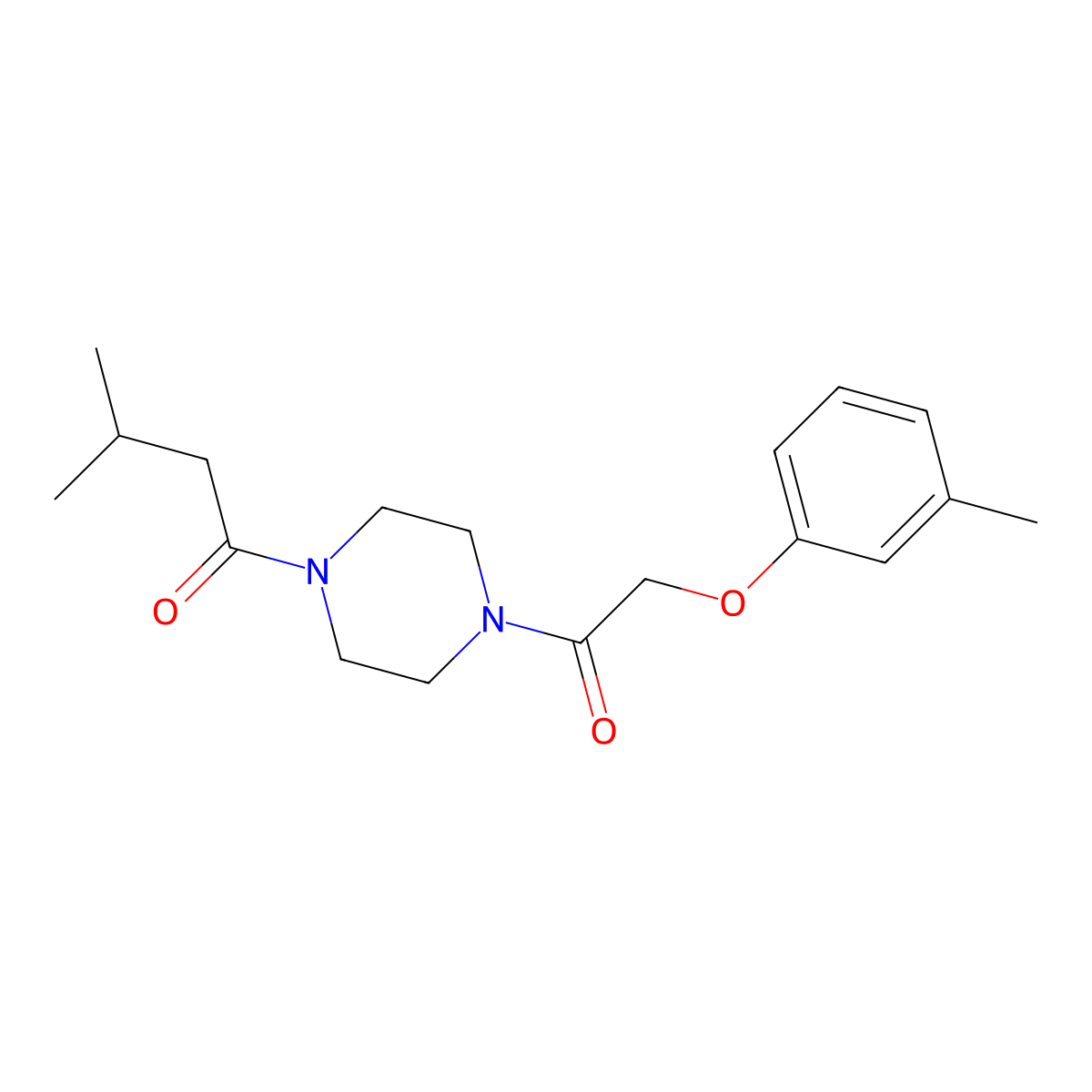 3-Methyl-1-[4-[2-(3-methylphenoxy)acetyl]piperazin-1-yl]butan-1-one molecular structure, CAS 423744-99-4