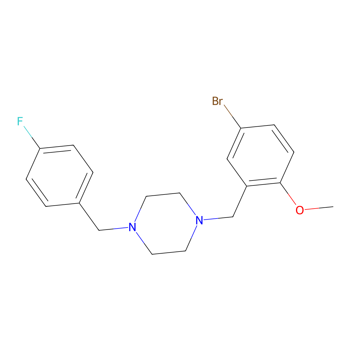 1-[(5-Bromo-2-methoxyphenyl)methyl]-4-[(4-fluorophenyl)methyl]piperazine molecular structure, CAS 423745-54-4