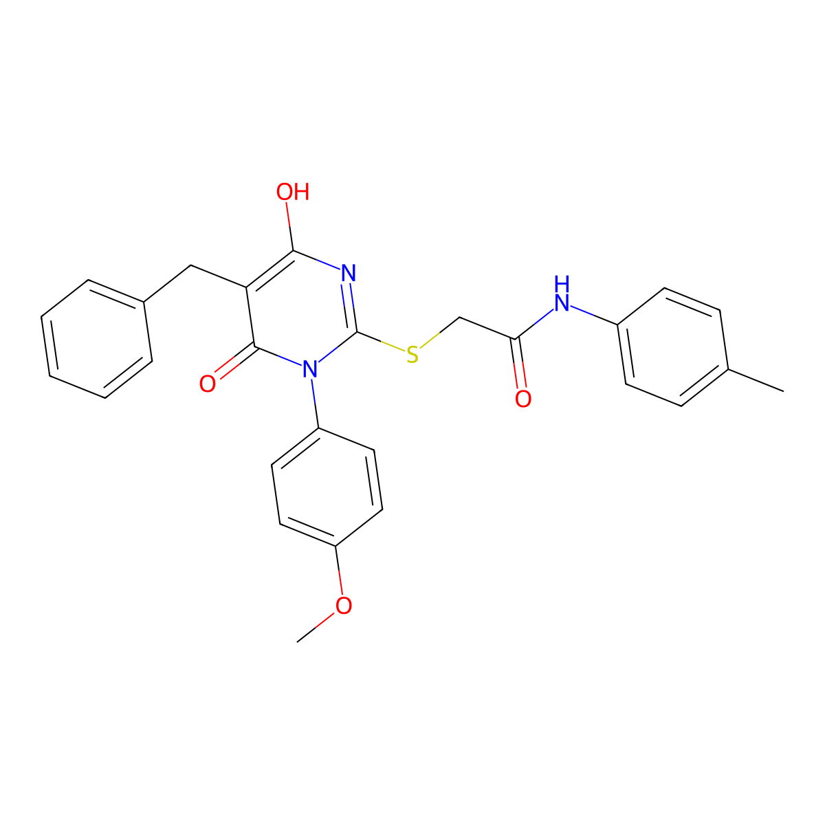 2-{[5-benzyl-4-hydroxy-1-(4-methoxyphenyl)-6-oxo-1,6-dihydropyrimidin-2-yl]sulfanyl}-N-(4-methylphenyl)acetamide molecular structure, CAS 423748-11-2