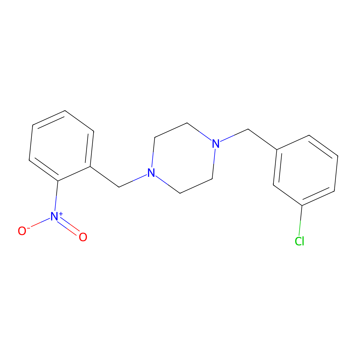 1-[(3-Chlorophenyl)methyl]-4-[(2-nitrophenyl)methyl]piperazine molecular structure, CAS 423748-13-4
