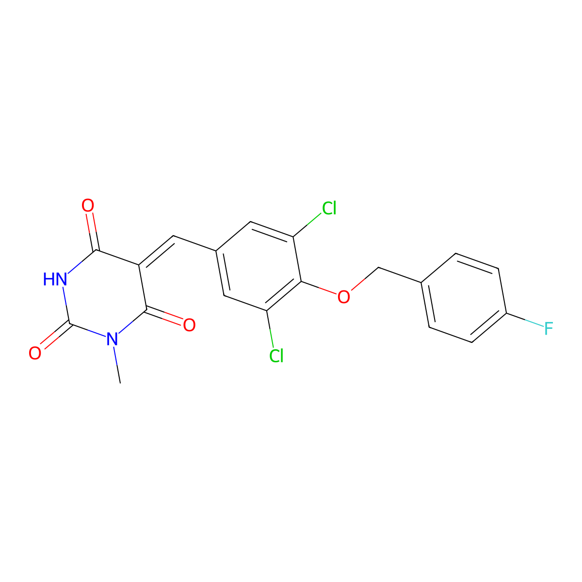 5-(3,5-Dichloro-4-((4-fluorobenzyl)oxy)benzylidene)-1-methylpyrimidine-2,4,6(1H,3H,5H)-trione molecular structure, CAS 423748-49-6
