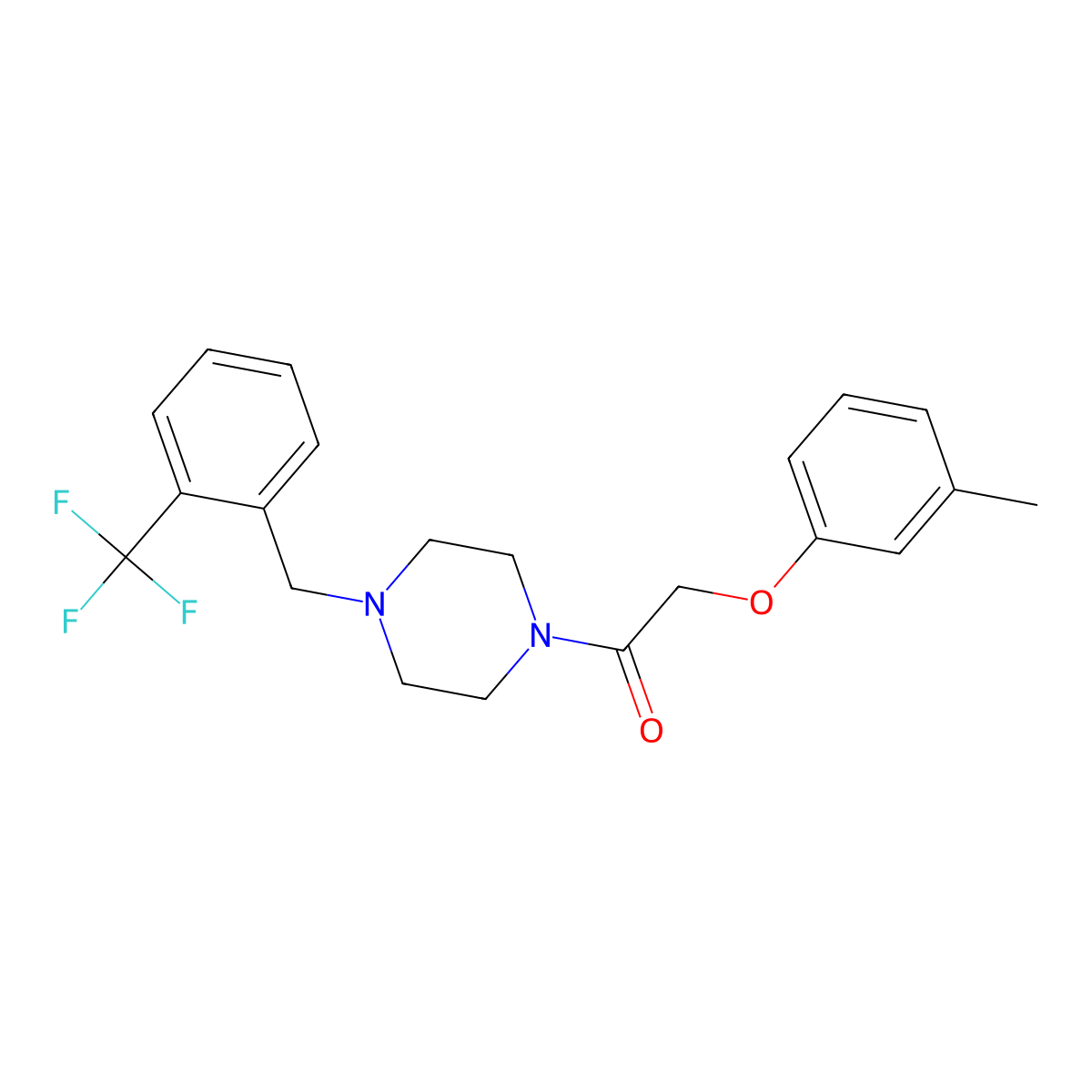 2-(3-Methylphenoxy)-1-[4-[[2-(trifluoromethyl)phenyl]methyl]piperazin-1-yl]ethanone molecular structure, CAS 423748-69-0