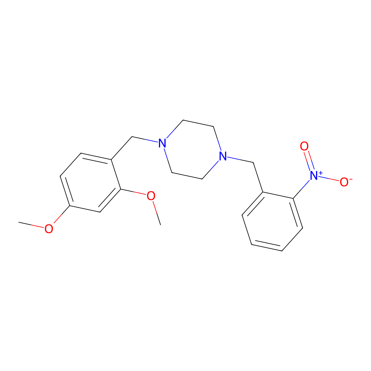 1-[(2,4-Dimethoxyphenyl)methyl]-4-[(2-nitrophenyl)methyl]piperazine molecular structure, CAS 423749-11-5