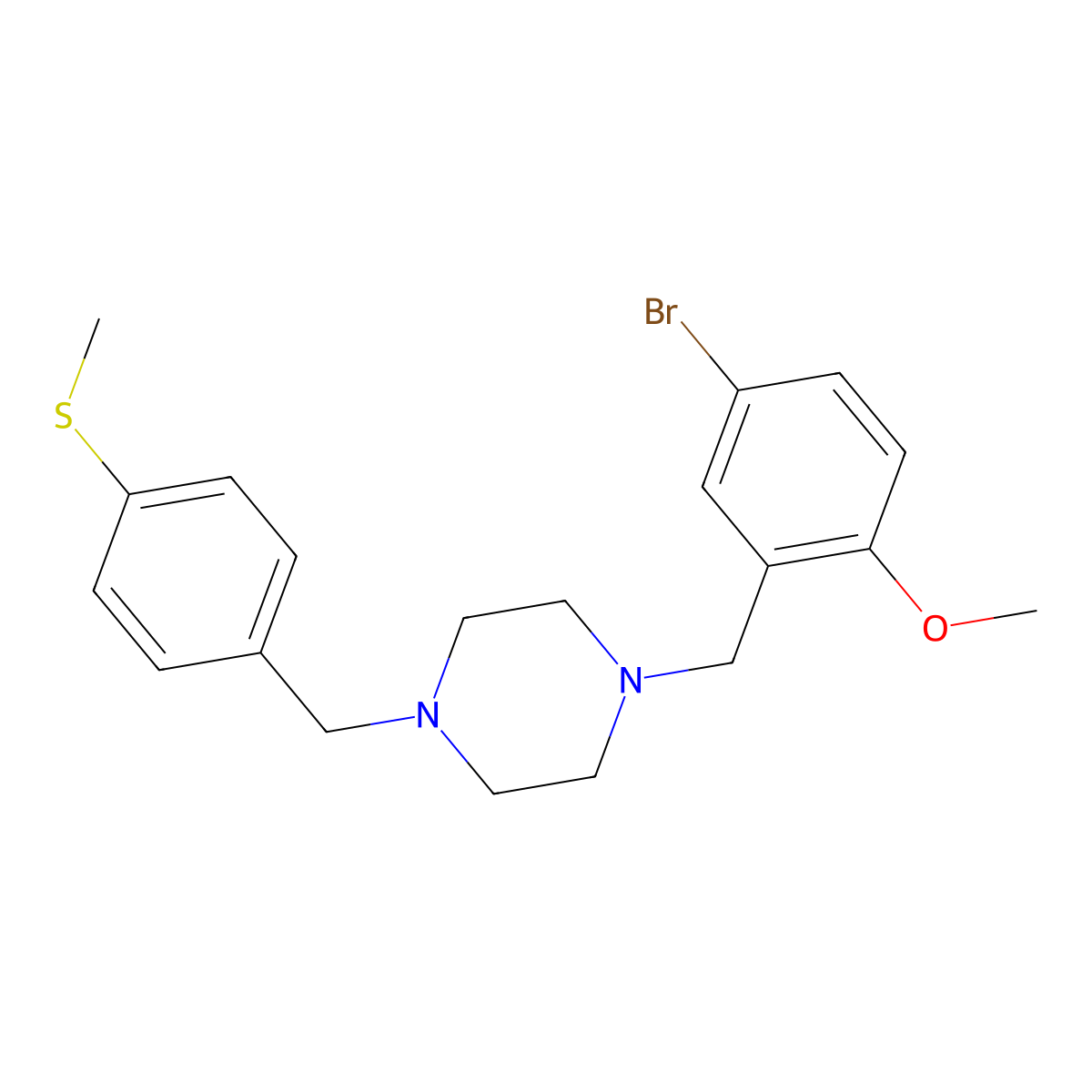 1-[(5-Bromo-2-methoxyphenyl)methyl]-4-[(4-methylsulfanylphenyl)methyl]piperazine molecular structure, CAS 423749-74-0
