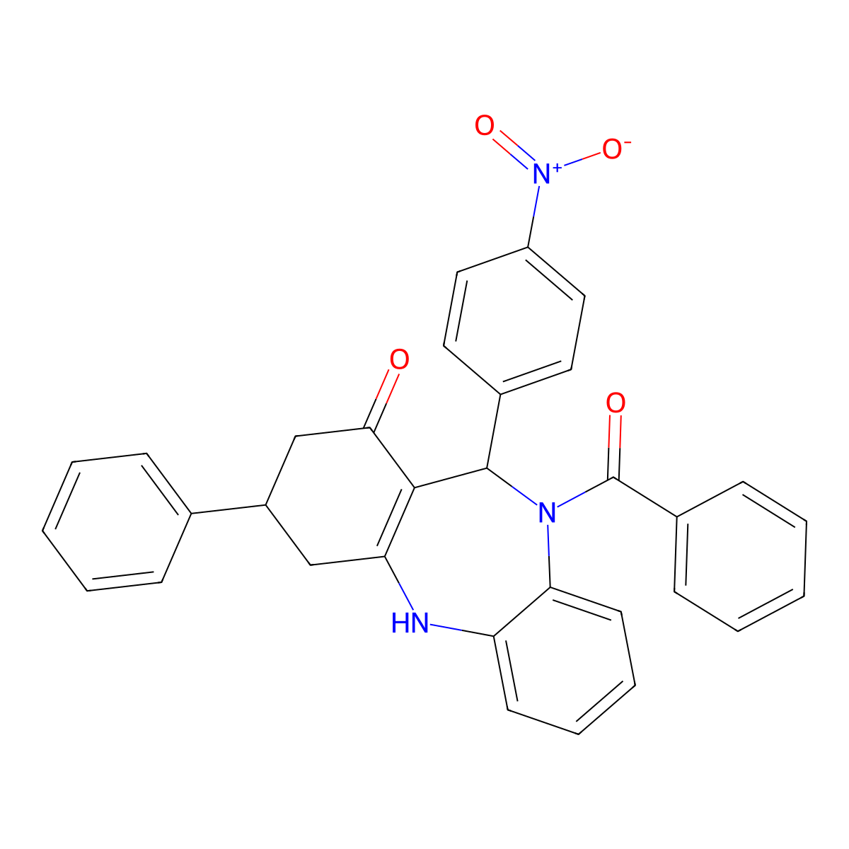 5-benzoyl-6-(4-nitrophenyl)-9-phenyl-8,9,10,11-tetrahydro-6H-benzo[b][1,4]benzodiazepin-7-one molecular structure, CAS 423753-71-3