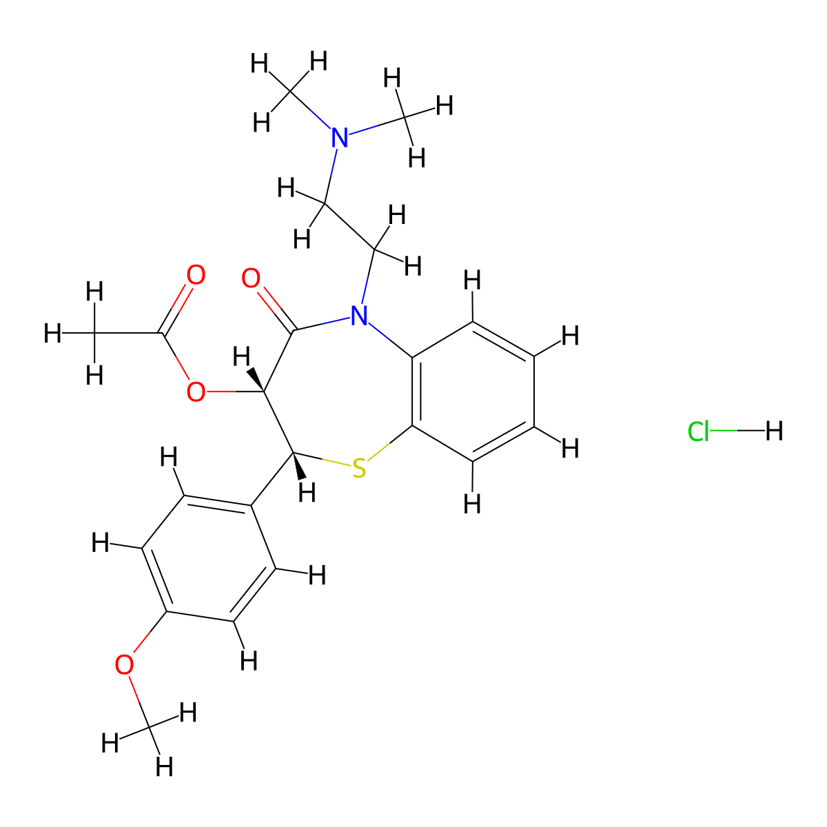 1,5-Benzothiazepin-4(5H)-one, 3-(acetyloxy)-5-(2-(dimethylamino)ethyl)-2,3-dihydro-2-(4-methoxyphenyl)-, hydrochloride (1:1), (2R,3R)- molecular structure, CAS 42399-54-2