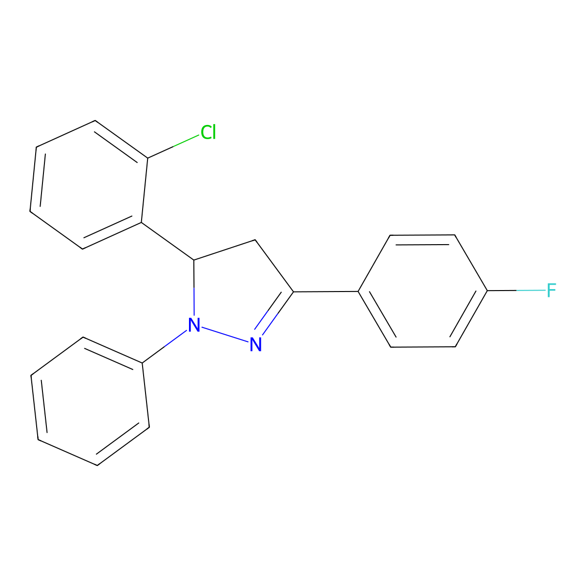 5-(2-chlorophenyl)-3-(4-fluorophenyl)-1-phenyl-4,5-dihydro-1H-pyrazole molecular structure, CAS 424799-37-1