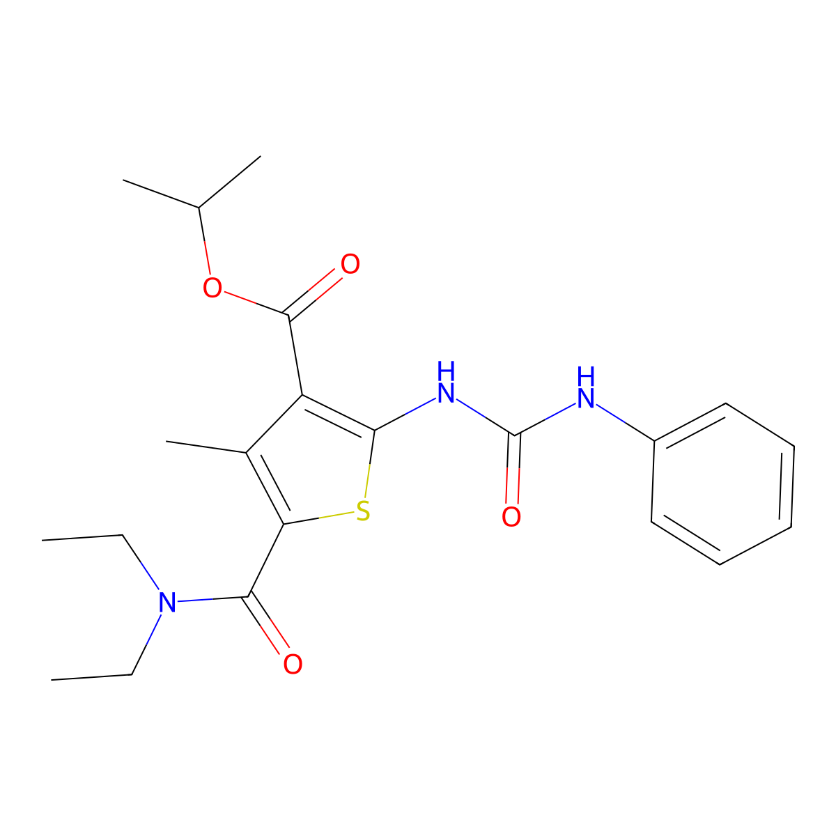 Propan-2-yl 5-(diethylcarbamoyl)-4-methyl-2-(phenylcarbamoylamino)thiophene-3-carboxylate molecular structure, CAS 424800-90-8