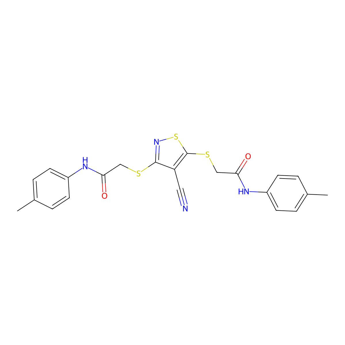 2-((4-Cyano-3-((2-oxo-2-(4-toluidino)ethyl)sulfanyl)-5-isothiazolyl)sulfanyl)-N-(4-methylphenyl)acetamide molecular structure, CAS 424801-63-8