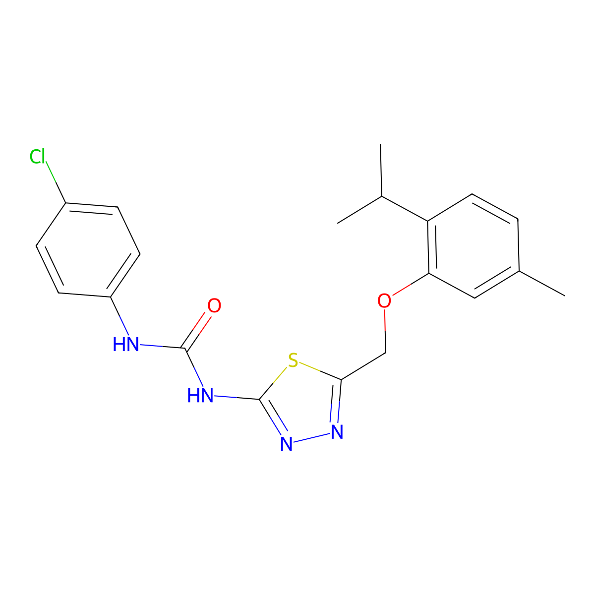 1-(4-Chlorophenyl)-3-(5-{[5-methyl-2-(propan-2-yl)phenoxy]methyl}-1,3,4-thiadiazol-2-yl)urea molecular structure, CAS 424803-13-4