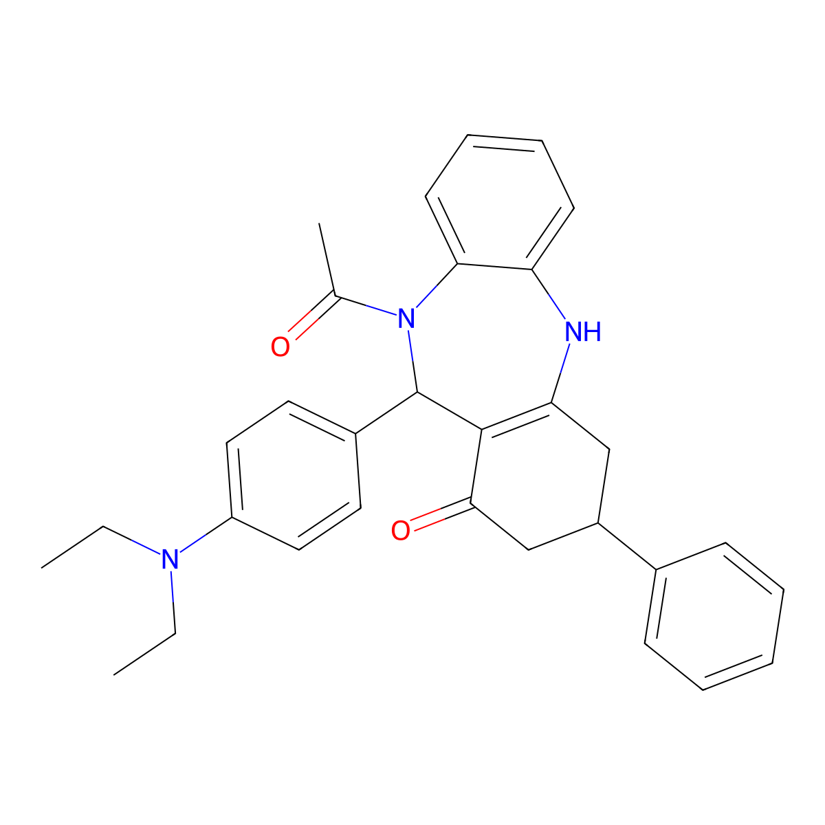 5-acetyl-6-[4-(diethylamino)phenyl]-9-phenyl-8,9,10,11-tetrahydro-6H-benzo[b][1,4]benzodiazepin-7-one molecular structure, CAS 424803-49-6