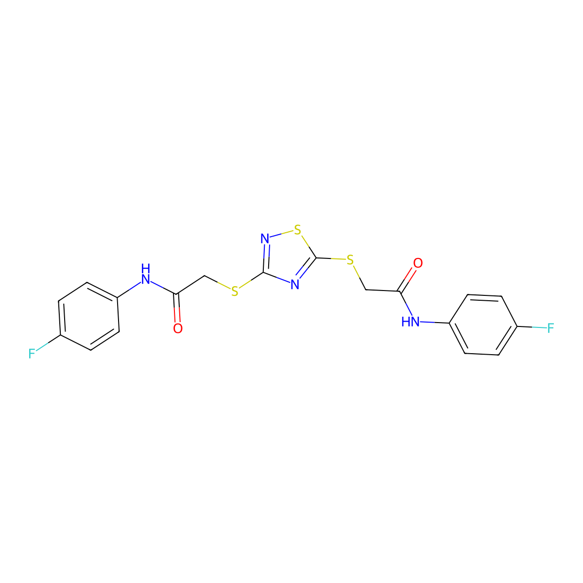 2-[(3-{[2-(4-Fluoroanilino)-2-oxoethyl]sulfanyl}-1,2,4-thiadiazol-5-YL)sulfanyl]-N-(4-fluorophenyl)acetamide molecular structure, CAS 424803-64-5