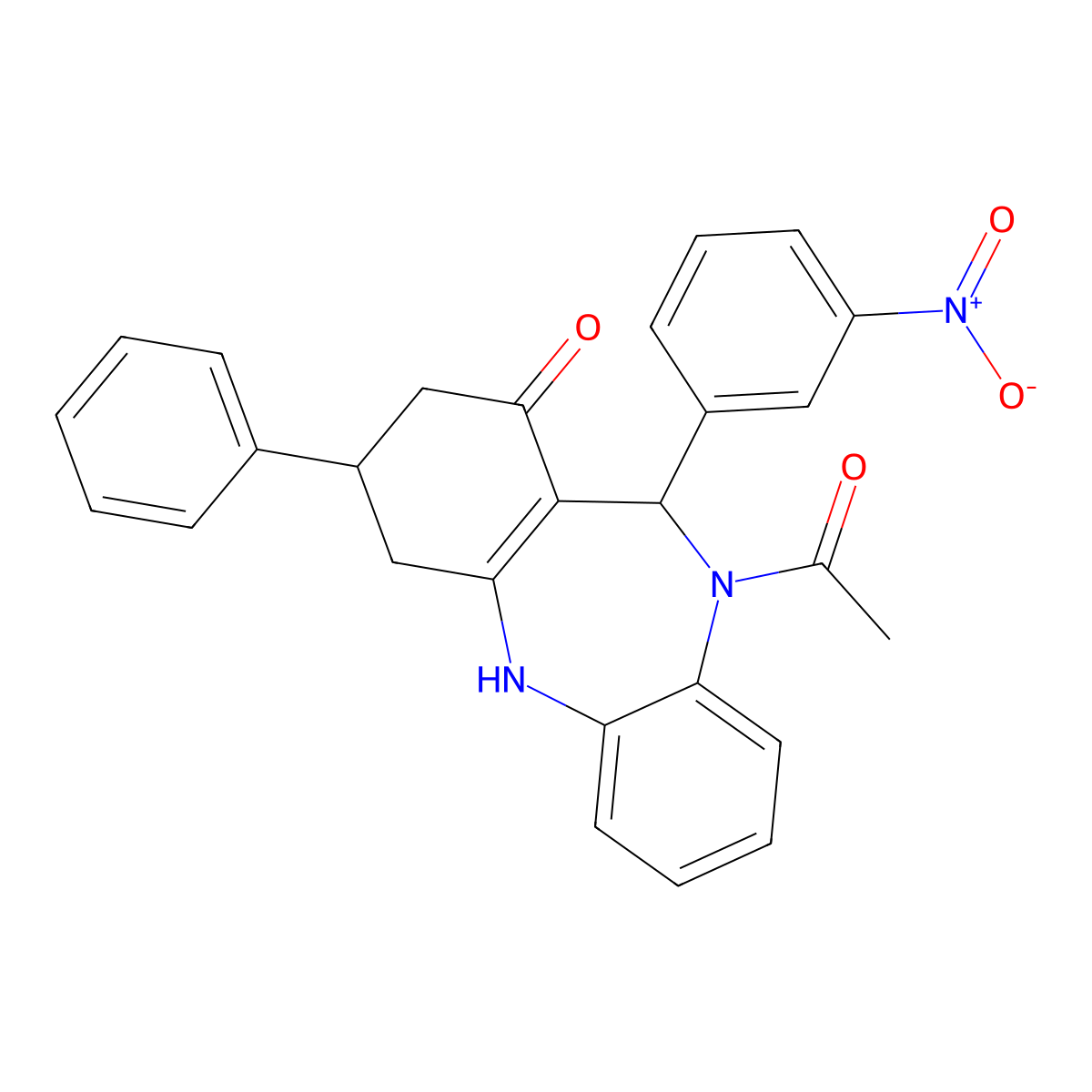 5-acetyl-6-(3-nitrophenyl)-9-phenyl-8,9,10,11-tetrahydro-6H-benzo[b][1,4]benzodiazepin-7-one molecular structure, CAS 424804-13-7