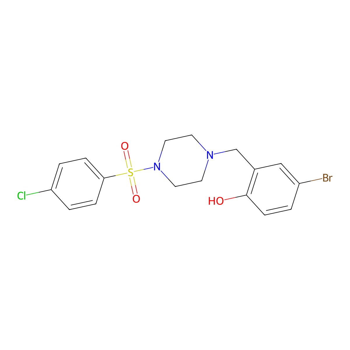 4-Bromo-2-[[4-(4-chlorophenyl)sulfonylpiperazin-1-yl]methyl]phenol molecular structure, CAS 424804-35-3