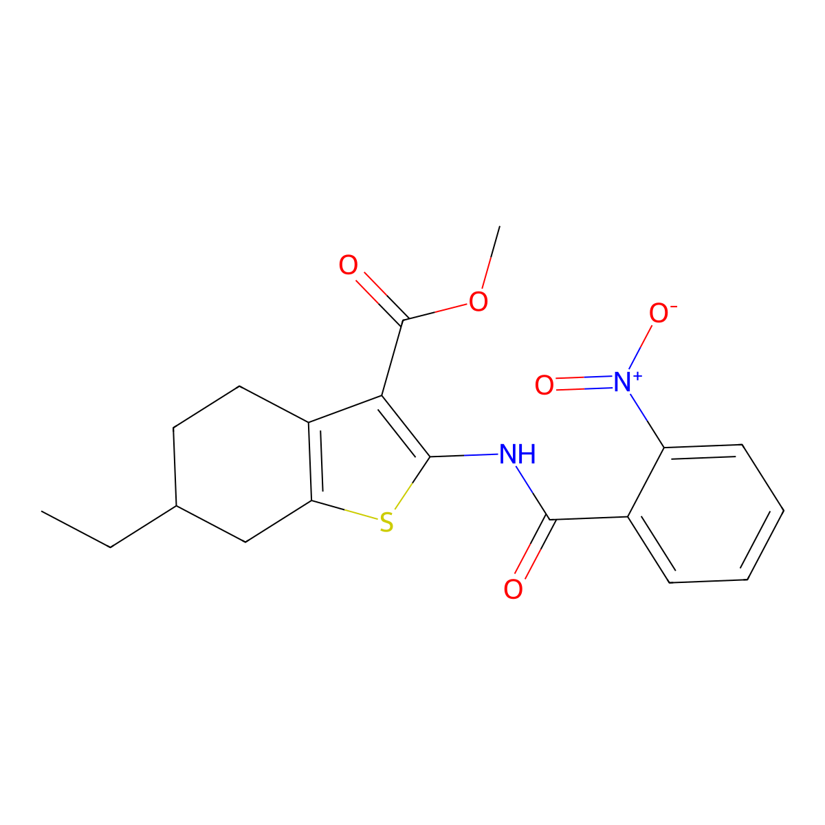Methyl 6-ethyl-2-[(2-nitrobenzoyl)amino]-4,5,6,7-tetrahydro-1-benzothiophene-3-carboxylate molecular structure, CAS 424806-89-3