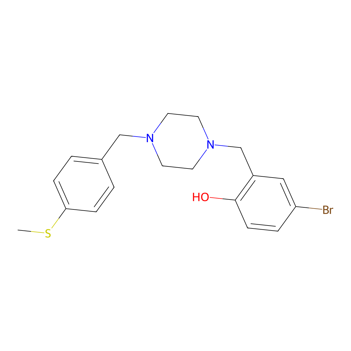 4-Bromo-2-[[4-[(4-methylsulfanylphenyl)methyl]piperazin-1-yl]methyl]phenol molecular structure, CAS 424807-39-6