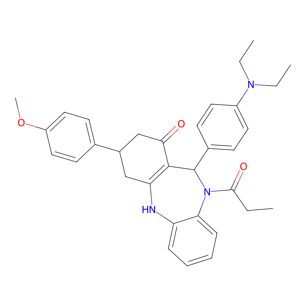 6-[4-(diethylamino)phenyl]-9-(4-methoxyphenyl)-5-propanoyl-8,9,10,11-tetrahydro-6H-benzo[b][1,4]benzodiazepin-7-one molecular structure, CAS 424807-54-5