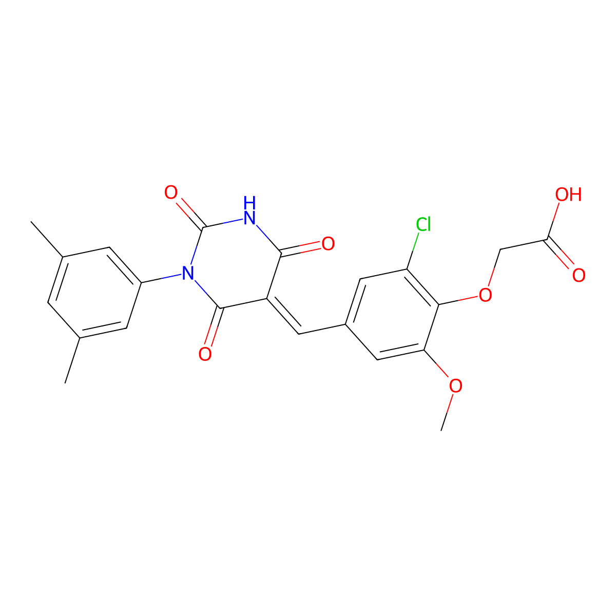 2-[2-Chloro-4-[[1-(3,5-dimethylphenyl)tetrahydro-2,4,6-trioxo-5(2H)-pyrimidinylidene]methyl]-6-methoxyphenoxy]acetic acid molecular structure, CAS 424807-57-8