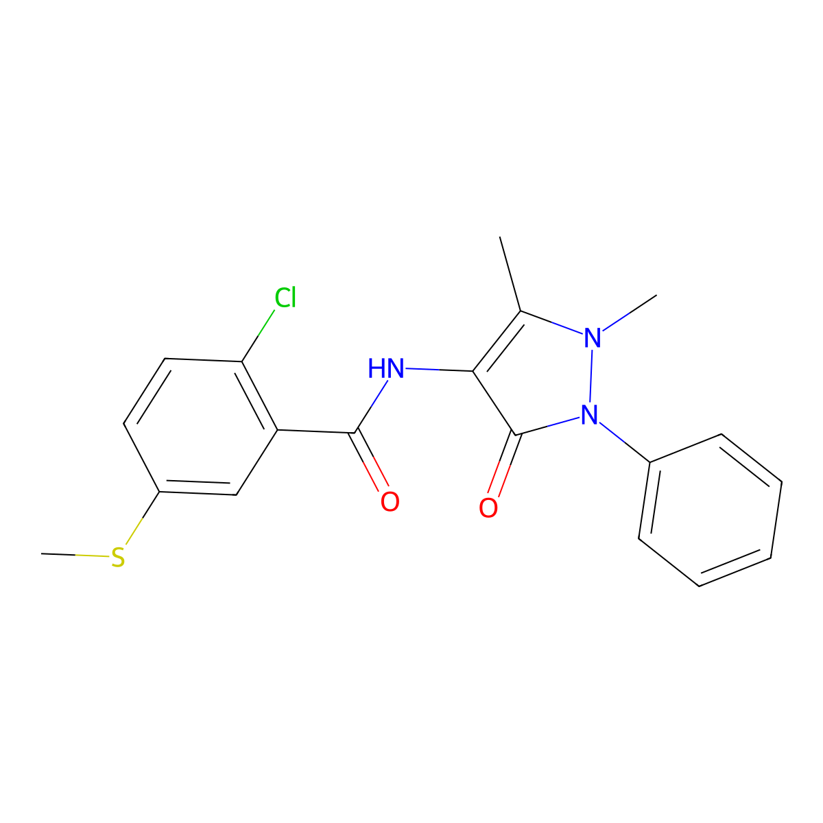 2-chloro-N-(1,5-dimethyl-3-oxo-2-phenylpyrazol-4-yl)-5-methylsulfanylbenzamide molecular structure, CAS 424808-05-9