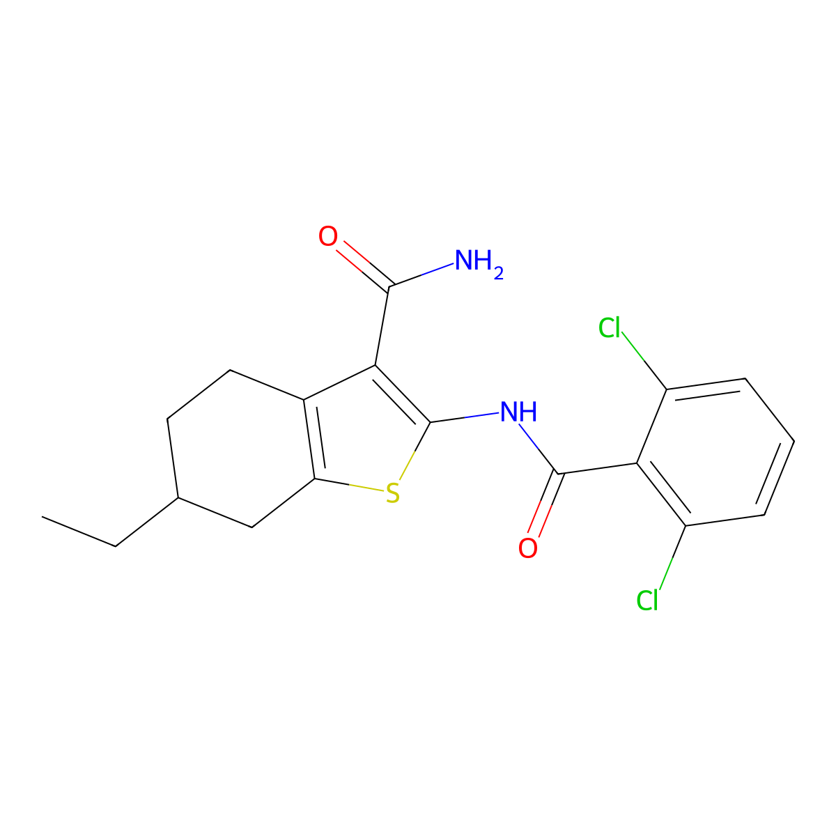 2-[(2,6-Dichlorobenzoyl)amino]-6-ethyl-4,5,6,7-tetrahydro-1-benzothiophene-3-carboxamide molecular structure, CAS 424808-26-4