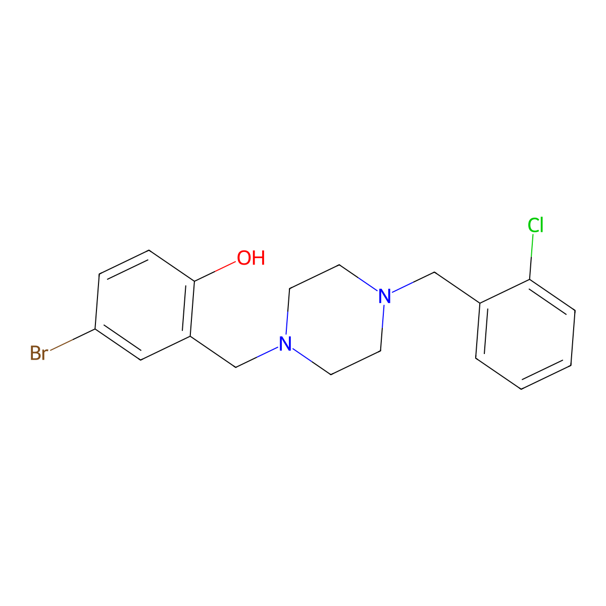 4-Bromo-2-[[4-[(2-chlorophenyl)methyl]piperazin-1-yl]methyl]phenol molecular structure, CAS 424809-42-7