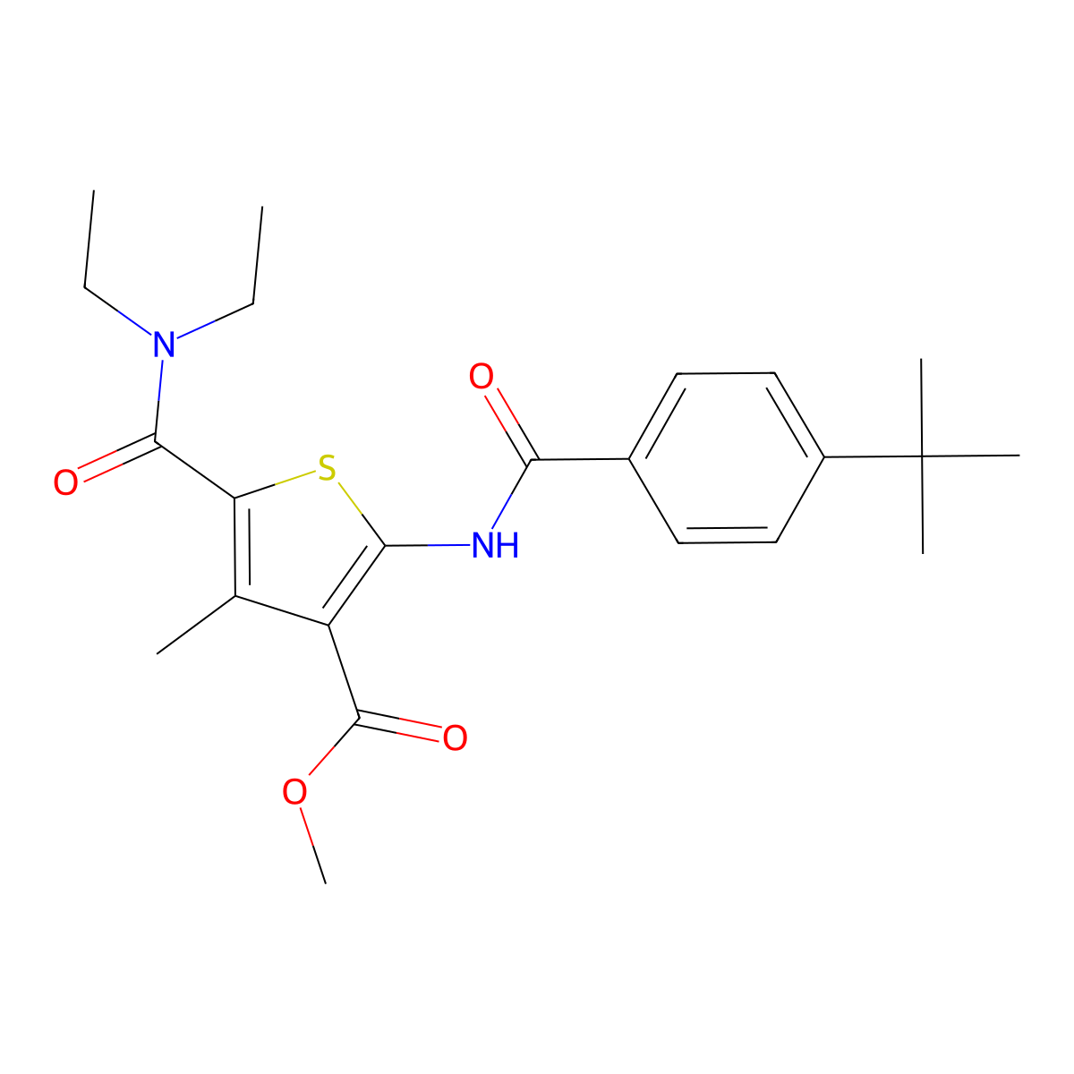 Methyl 2-{[(4-tert-butylphenyl)carbonyl]amino}-5-(diethylcarbamoyl)-4-methylthiophene-3-carboxylate molecular structure, CAS 424809-80-3