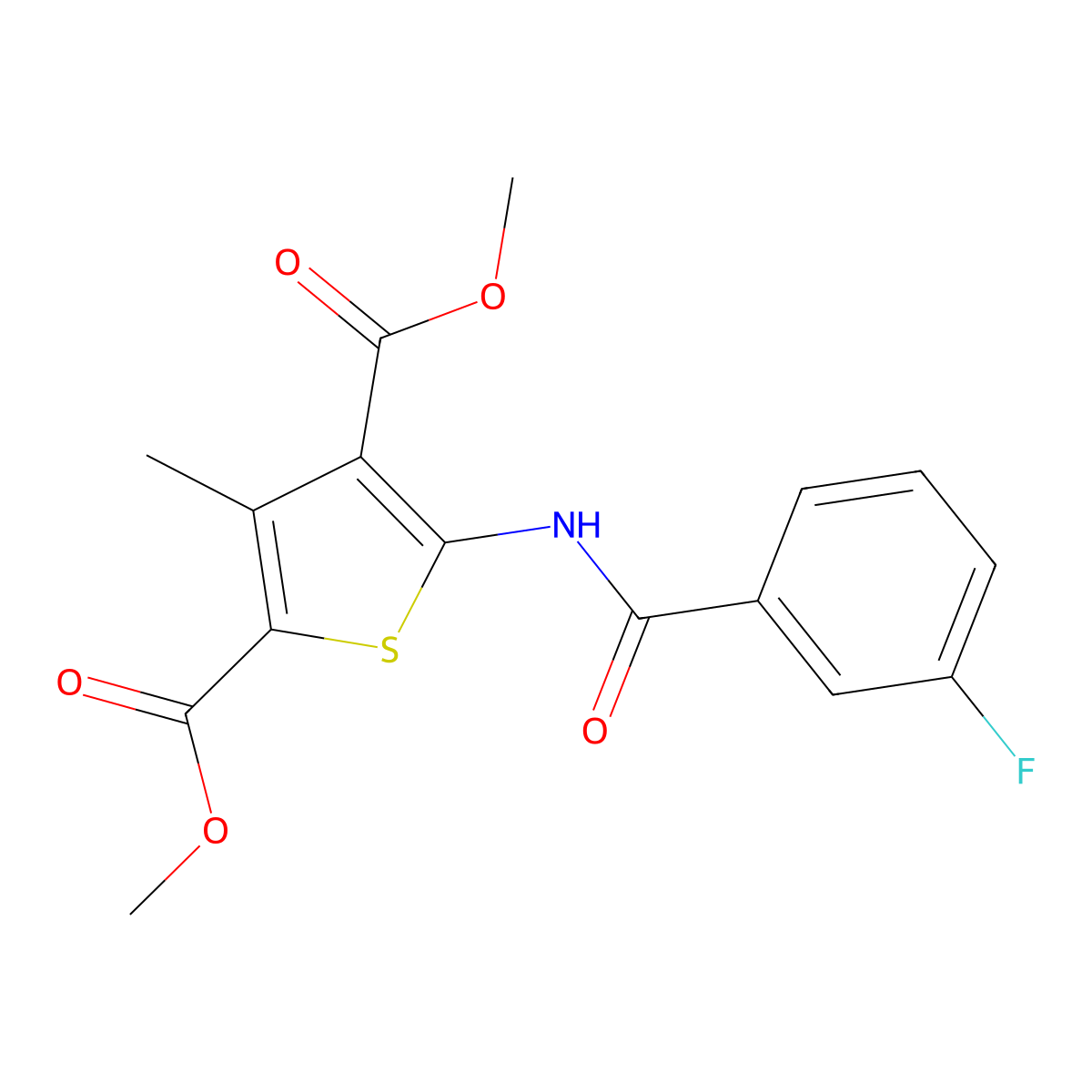 Dimethyl 5-{[(3-fluorophenyl)carbonyl]amino}-3-methylthiophene-2,4-dicarboxylate molecular structure, CAS 424810-75-3