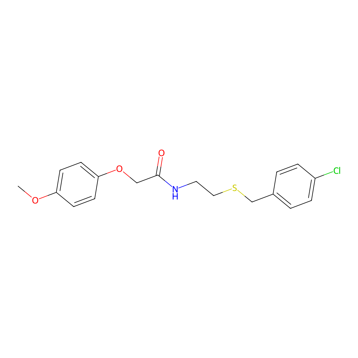 N-[2-[(4-chlorophenyl)methylsulfanyl]ethyl]-2-(4-methoxyphenoxy)acetamide molecular structure, CAS 424811-17-6