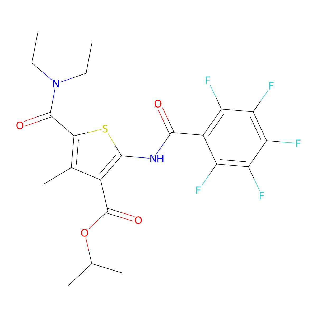 Propan-2-yl 5-(diethylcarbamoyl)-4-methyl-2-[(2,3,4,5,6-pentafluorobenzoyl)amino]thiophene-3-carboxylate molecular structure, CAS 424811-30-3