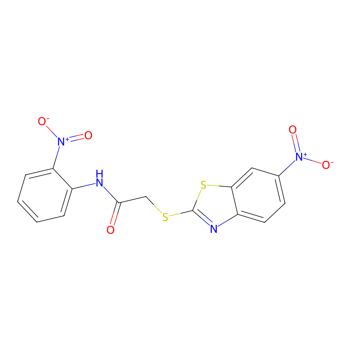 2-[(6-nitro-1,3-benzothiazol-2-yl)sulfanyl]-N-(2-nitrophenyl)acetamide molecular structure, CAS 424811-63-2