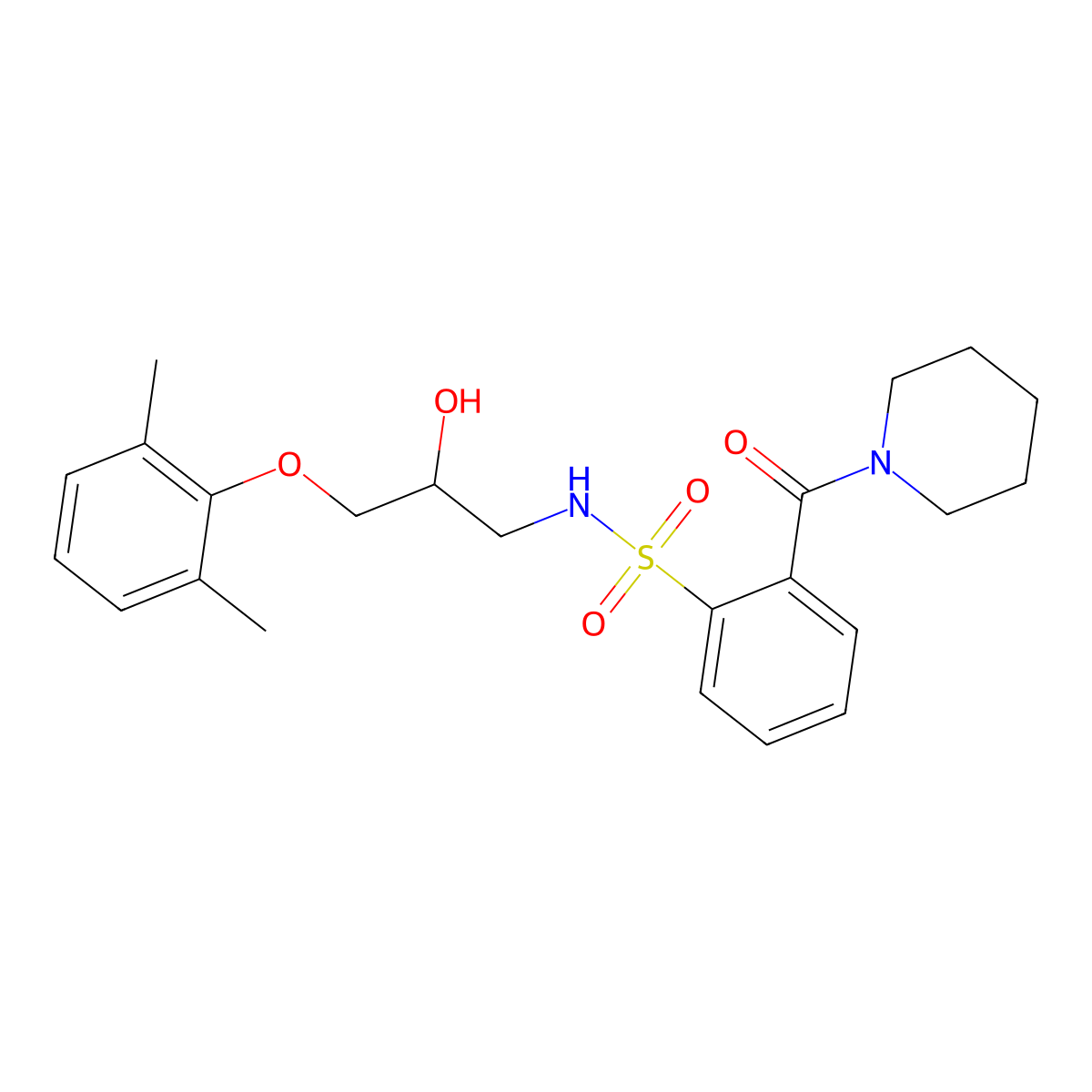 N-[3-(2,6-dimethylphenoxy)-2-hydroxypropyl]-2-(piperidine-1-carbonyl)benzenesulfonamide molecular structure, CAS 424811-64-3