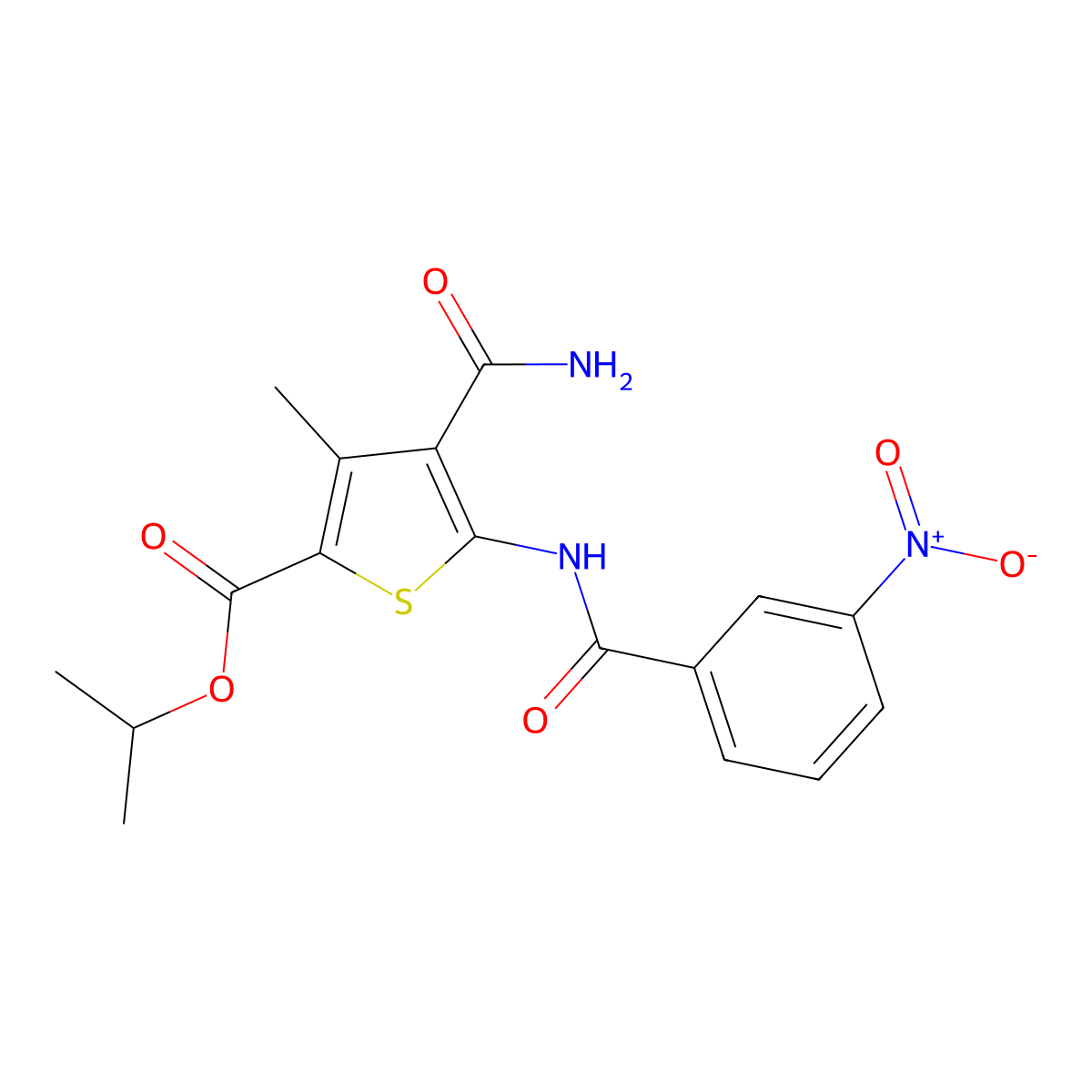 Propan-2-yl 4-carbamoyl-3-methyl-5-[(3-nitrobenzoyl)amino]thiophene-2-carboxylate molecular structure, CAS 424812-50-0