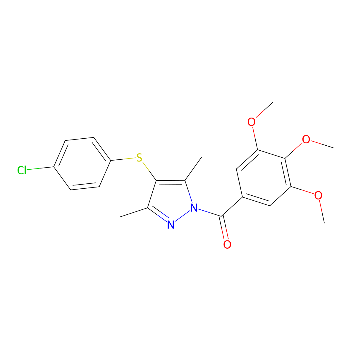 (4-((4-chlorophenyl)thio)-3,5-dimethyl-1H-pyrazol-1-yl)(3,4,5-trimethoxyphenyl)methanone molecular structure, CAS 424813-10-5