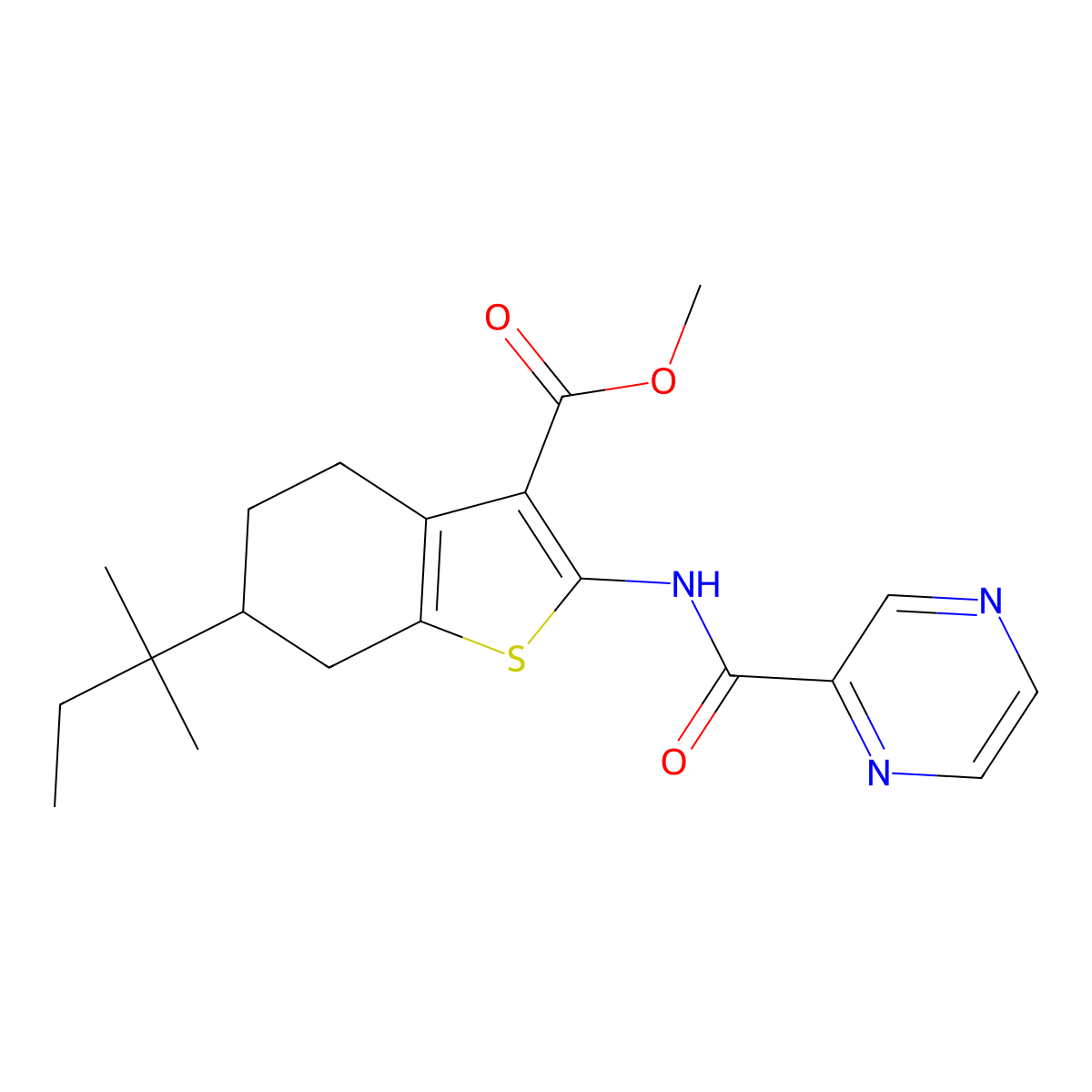 Methyl 6-(2-methylbutan-2-yl)-2-(pyrazine-2-carbonylamino)-4,5,6,7-tetrahydro-1-benzothiophene-3-carboxylate molecular structure, CAS 424813-44-5