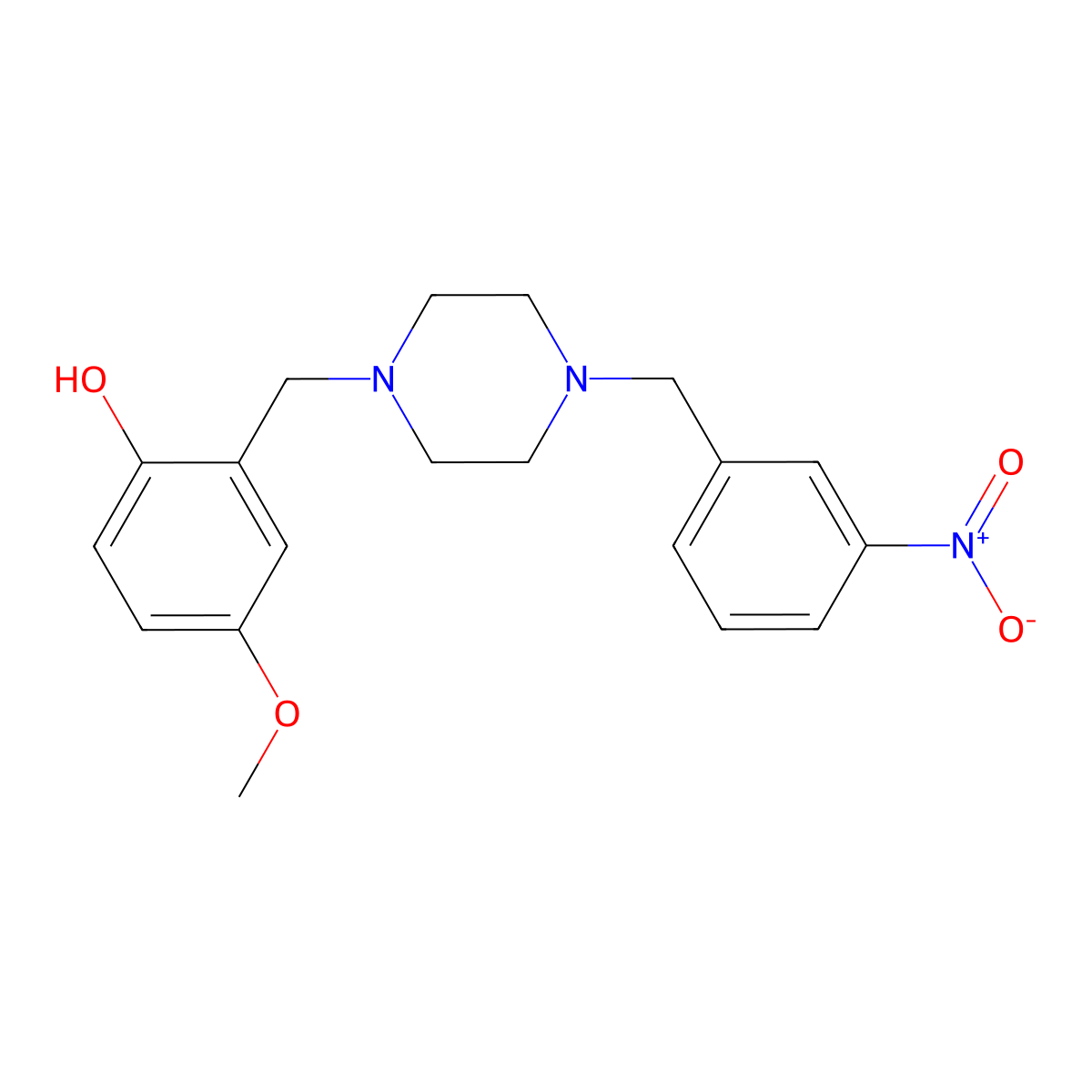 4-Methoxy-2-[[4-[(3-nitrophenyl)methyl]piperazin-1-yl]methyl]phenol molecular structure, CAS 424815-45-2