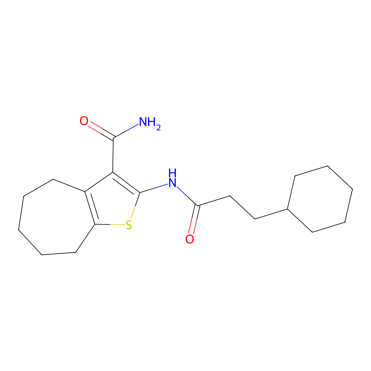 2-[(3-cyclohexylpropanoyl)amino]-5,6,7,8-tetrahydro-4H-cyclohepta[b]thiophene-3-carboxamide molecular structure, CAS 424817-96-9