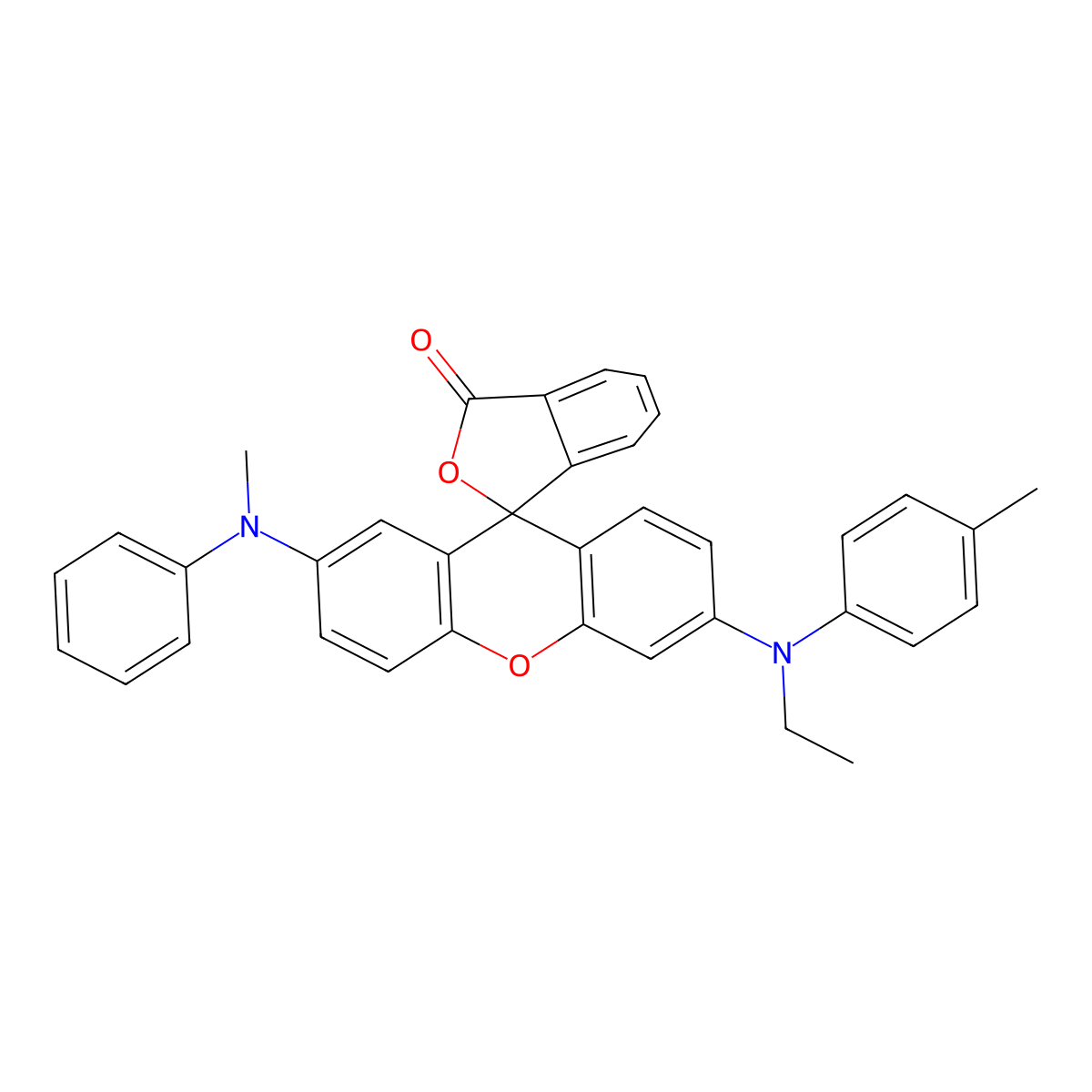 Spiro[isobenzofuran-1(3H),9'-[9H]xanthen]-3-one, 6'-[ethyl(4-methylphenyl)amino]-2'-(methylphenylamino)- molecular structure, CAS 42530-35-8
