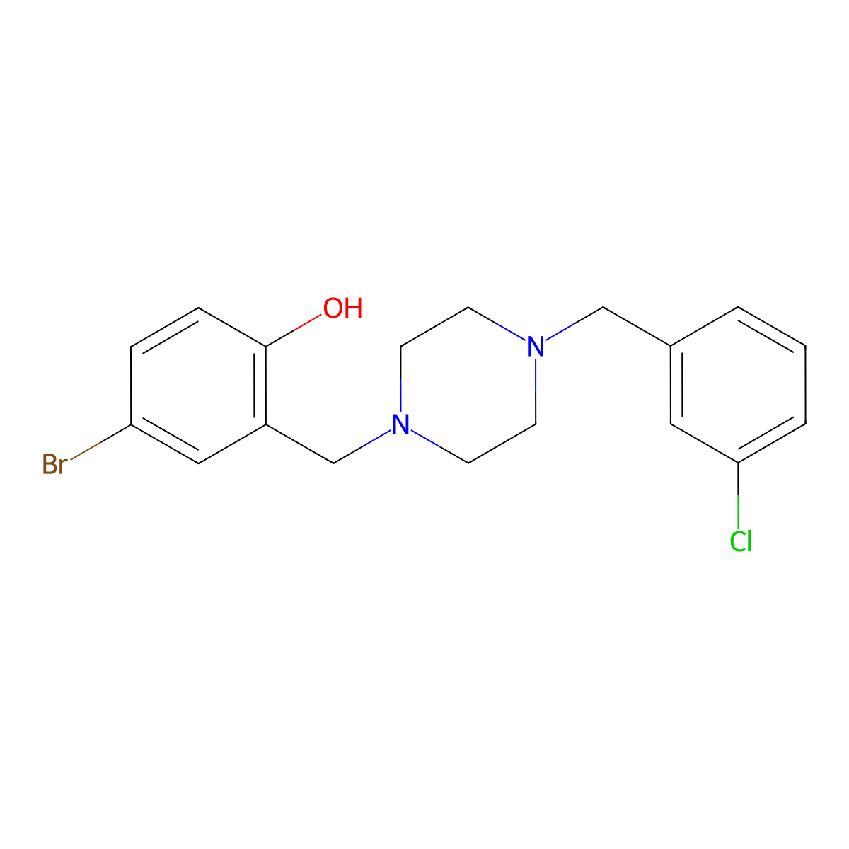4-Bromo-2-[[4-[(3-chlorophenyl)methyl]piperazin-1-yl]methyl]phenol molecular structure, CAS 425371-99-9