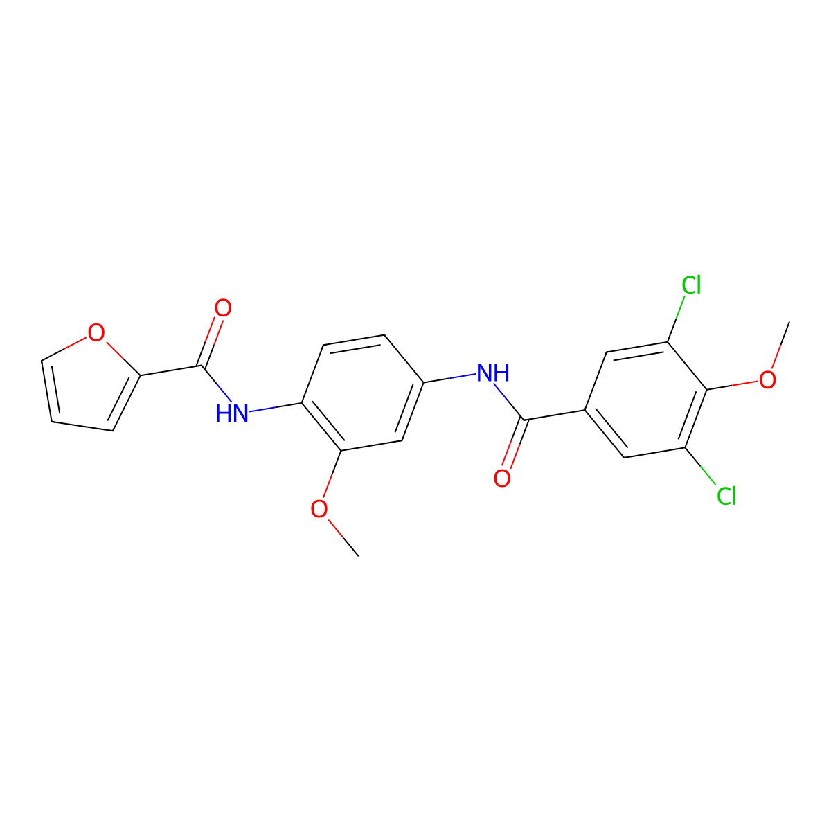 N-[4-[(3,5-dichloro-4-methoxybenzoyl)amino]-2-methoxyphenyl]furan-2-carboxamide molecular structure, CAS 425372-12-9