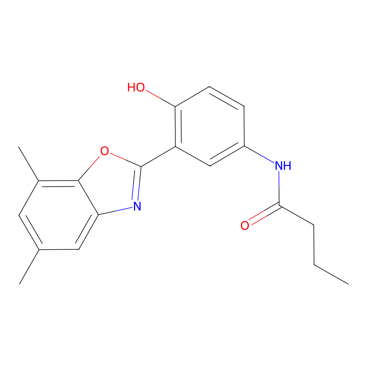 N-[3-(5,7-dimethyl-1,3-benzoxazol-2-yl)-4-hydroxyphenyl]butanamide molecular structure, CAS 425388-96-1