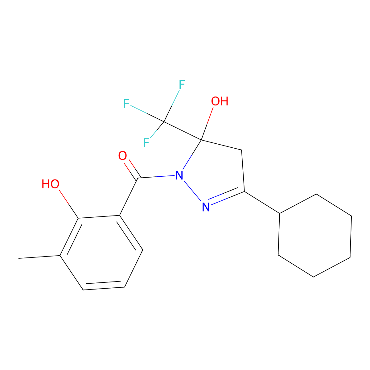 [3-cyclohexyl-5-hydroxy-5-(trifluoromethyl)-4H-pyrazol-1-yl]-(2-hydroxy-3-methylphenyl)methanone molecular structure, CAS 425390-41-6