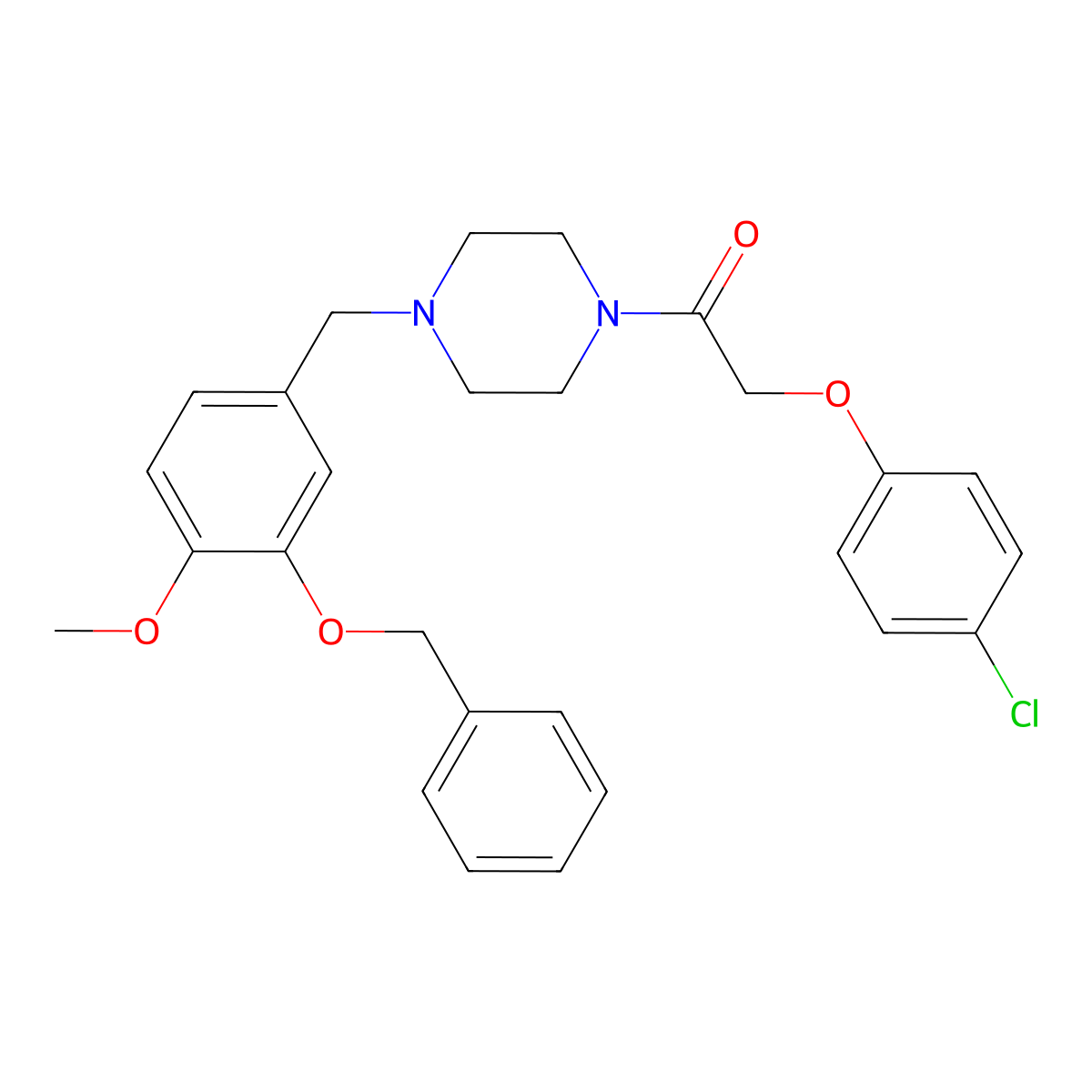 2-(4-Chlorophenoxy)-1-[4-[(4-methoxy-3-phenylmethoxyphenyl)methyl]piperazin-1-yl]ethanone molecular structure, CAS 425390-50-7