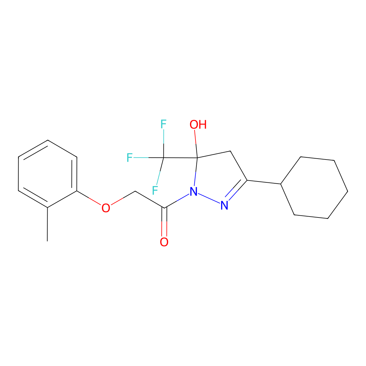 1-[3-cyclohexyl-5-hydroxy-5-(trifluoromethyl)-4,5-dihydro-1H-pyrazol-1-yl]-2-(2-methylphenoxy)ethanone molecular structure, CAS 425391-86-2