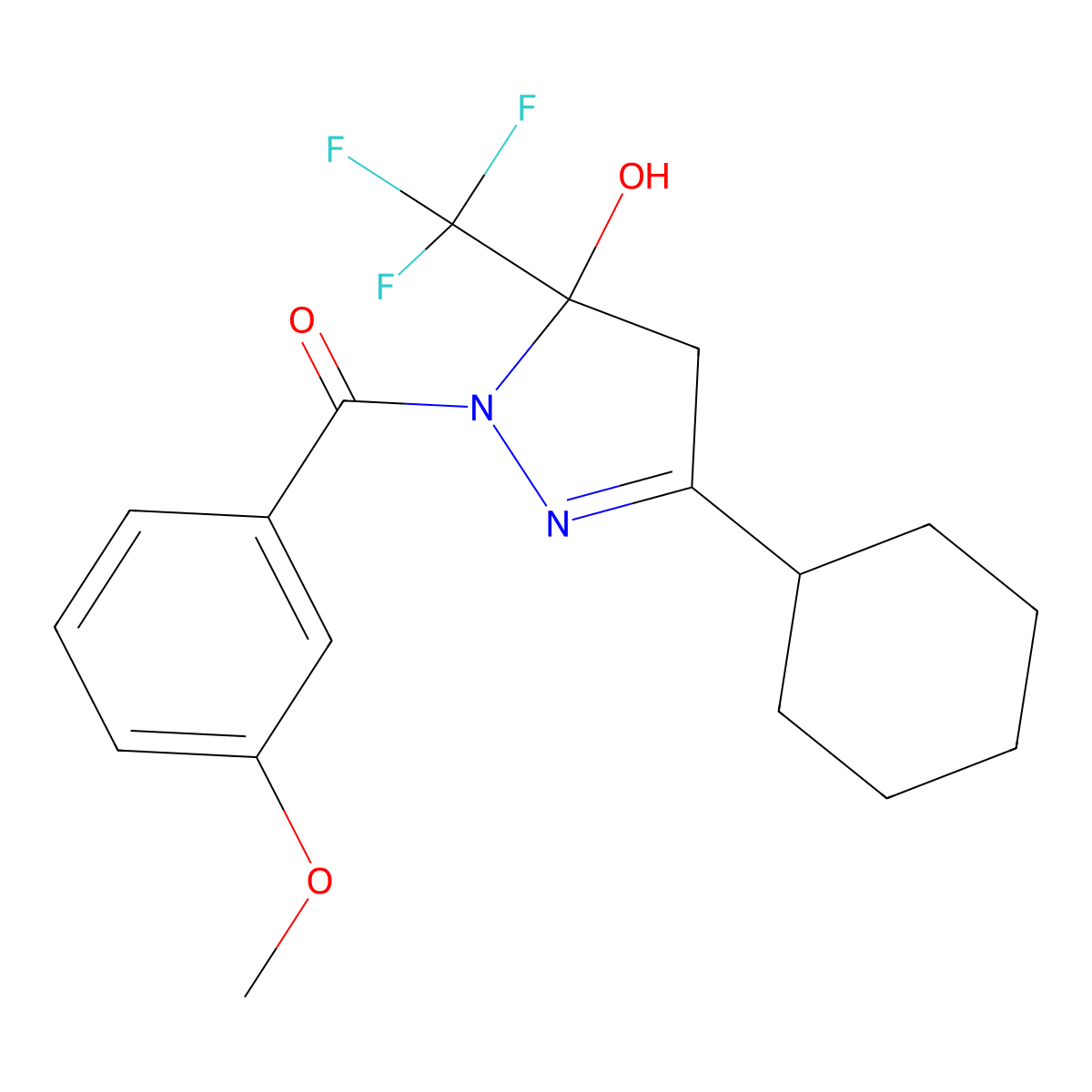 [3-cyclohexyl-5-hydroxy-5-(trifluoromethyl)-4H-pyrazol-1-yl]-(3-methoxyphenyl)methanone molecular structure, CAS 425395-20-6